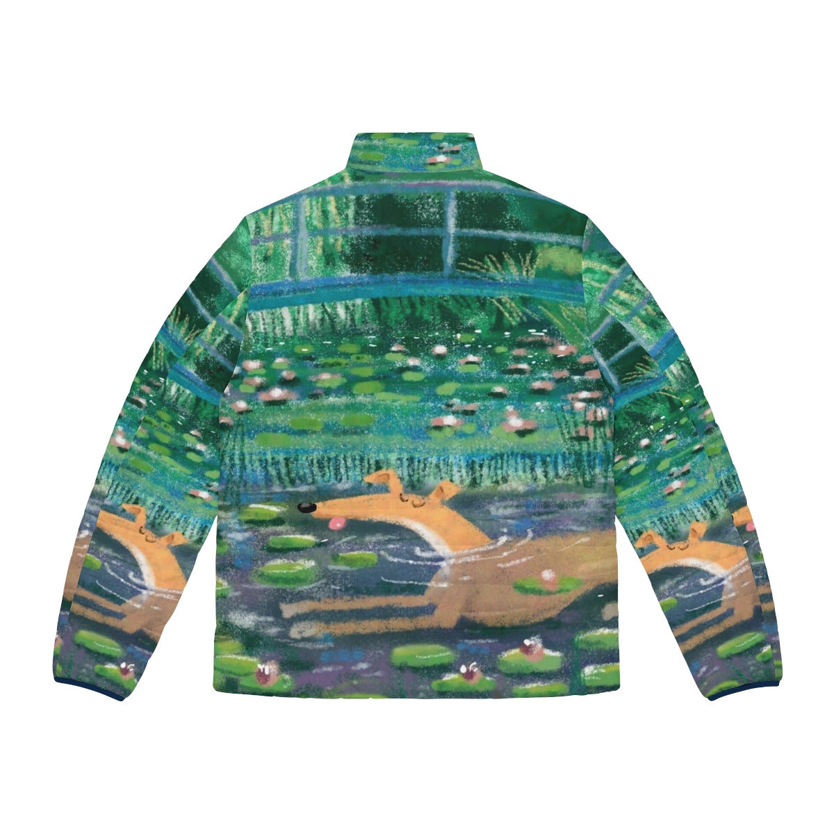 Greyhound puffer jacket with impressionist art design - Back