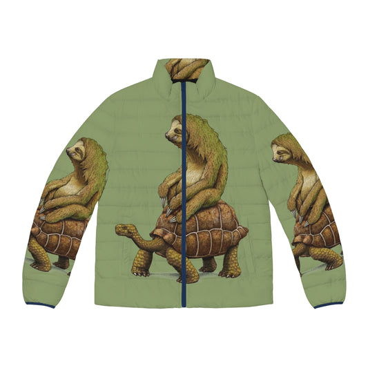 Earth tone puffer jacket with sloth riding on the back of a turtle