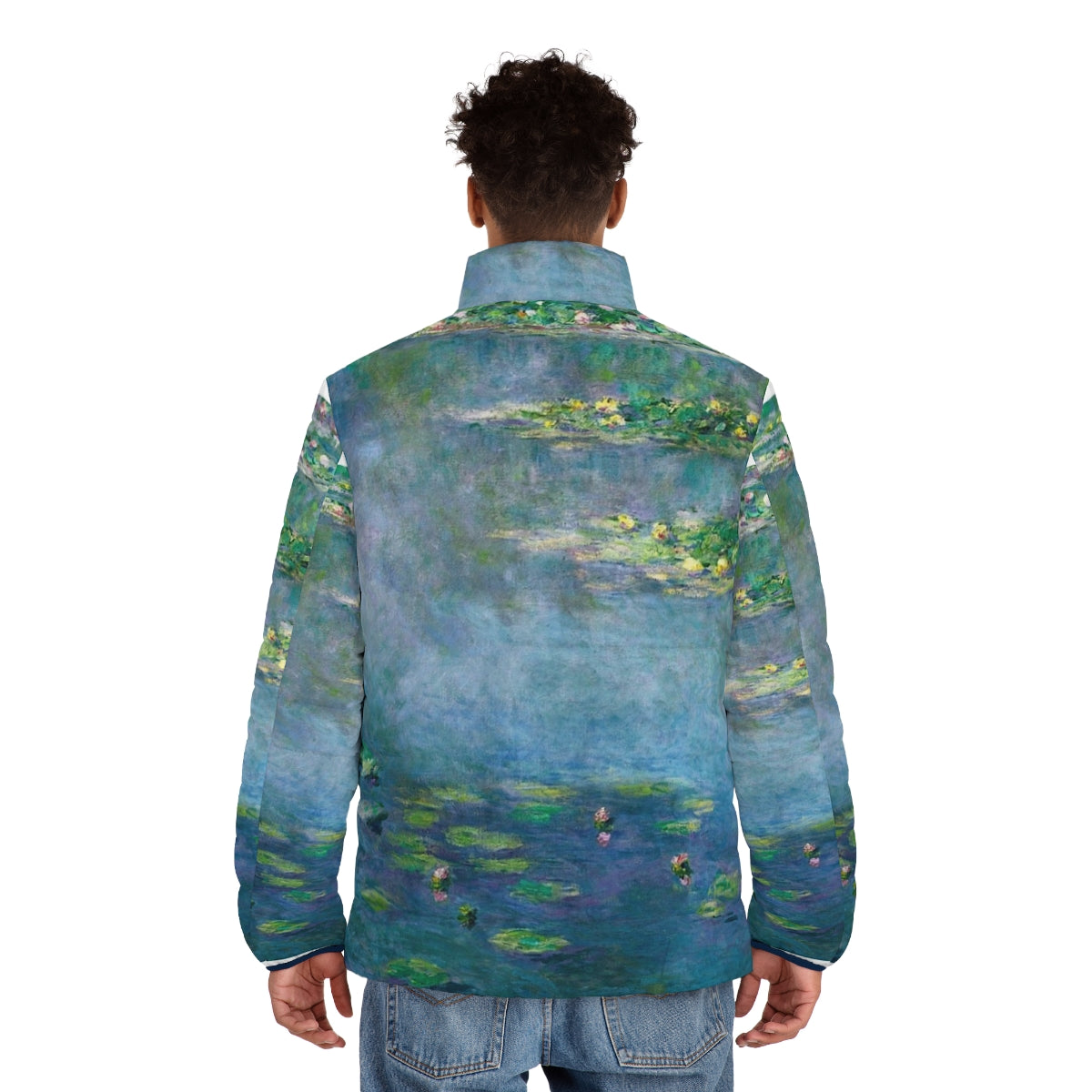 Claude Monet Water Lilies Puffer Jacket featuring the iconic impressionist painting - men back