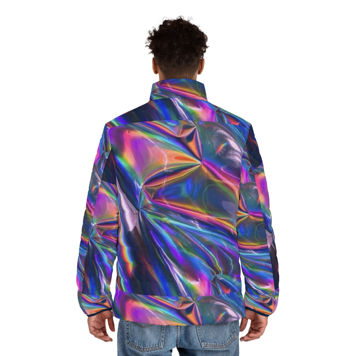 Holographic puffer jacket with shimmery, iridescent texture - men back