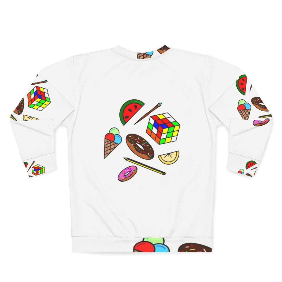 Hobbies and Food Sweatshirt with Colorful Pattern and Doodle Designs - Back