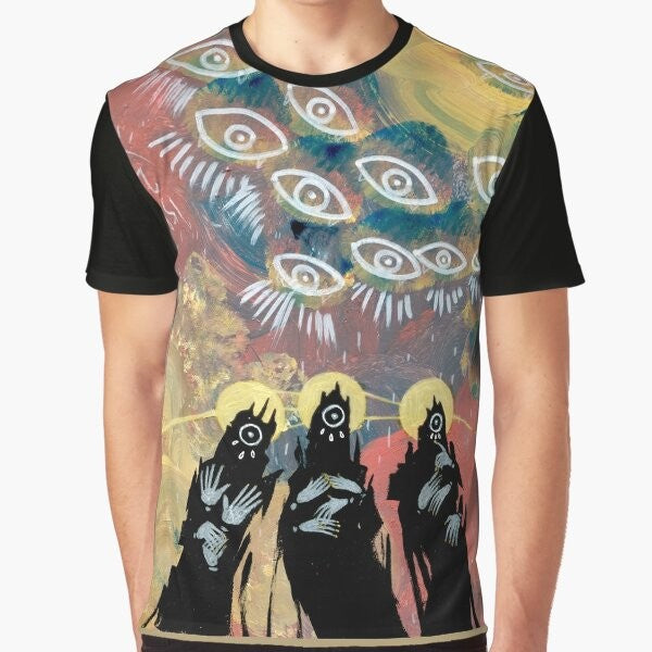 A graphic t-shirt featuring an eldritch, creepy eye design with a surreal, gothic horror aesthetic.