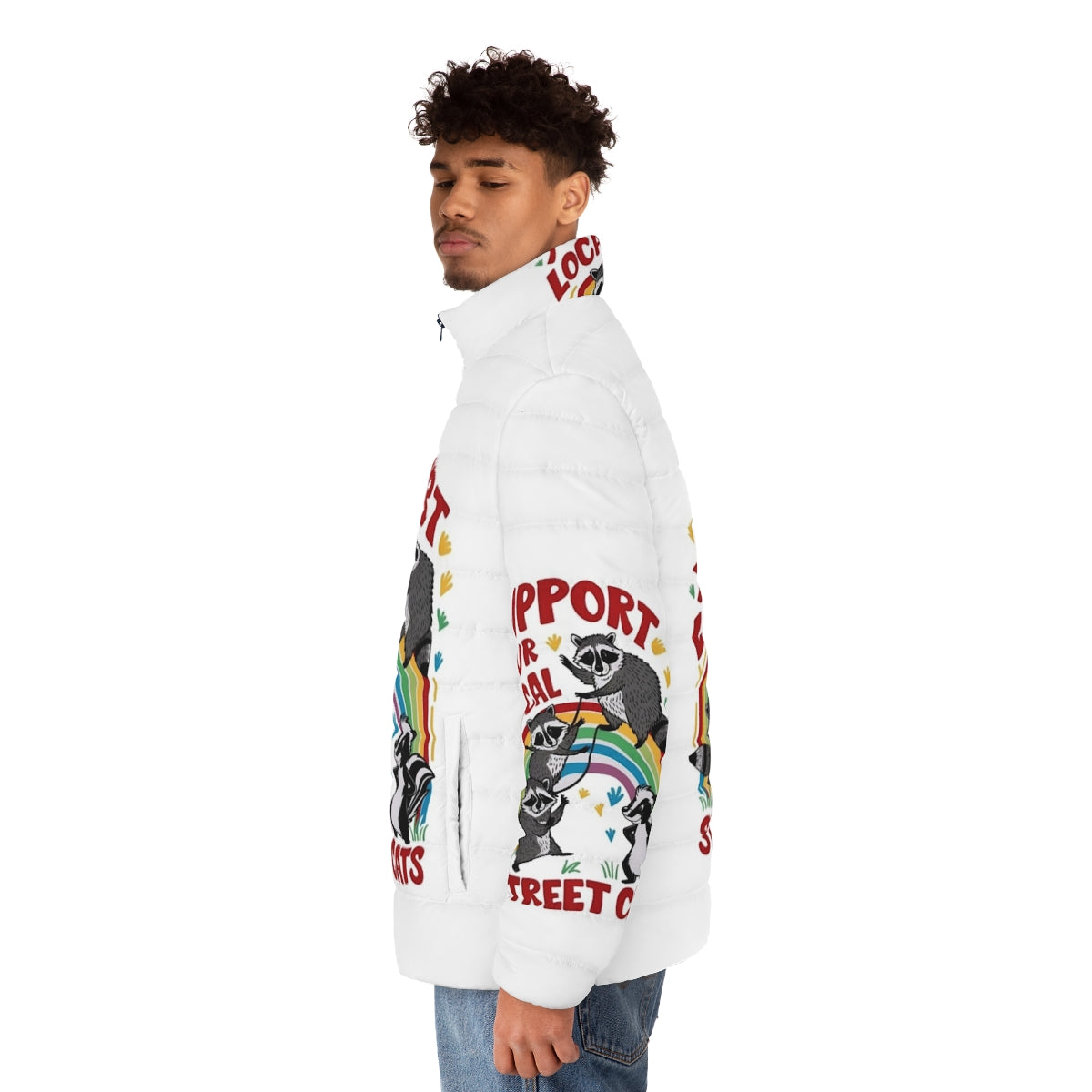 Retro-style puffer jacket with a graphic of street cats in a gang - men side left