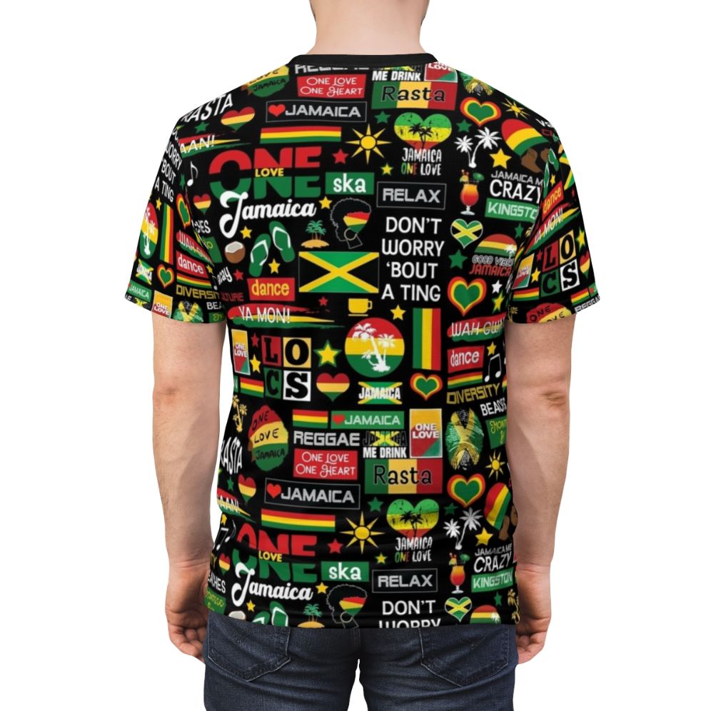 Model wearing a vibrant graphic tee with a Jamaica one love culture pattern design - men back