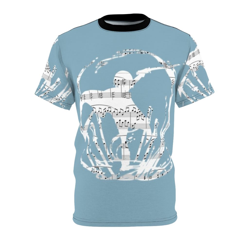 Artistic t-shirt design featuring Sayaka Miki from the anime Puella Magi Madoka Magica, with a sheet music pattern background.