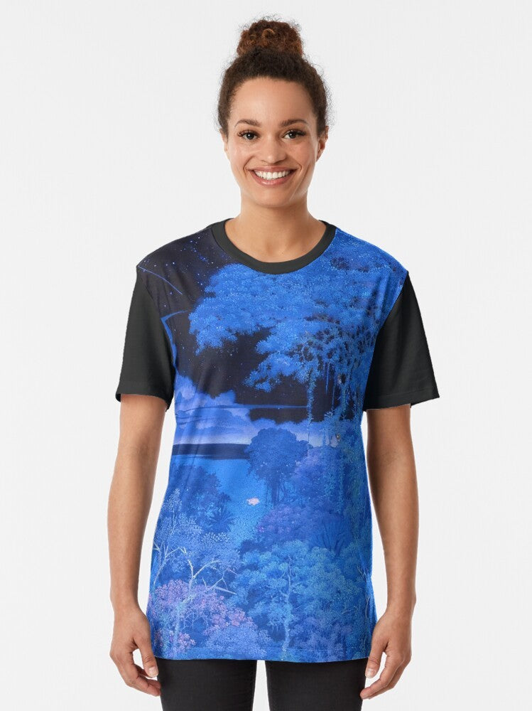 Hiroo Isono's detailed nature art t-shirt featuring vibrant watercolor paintings of wildlife and fantasy landscapes - Women