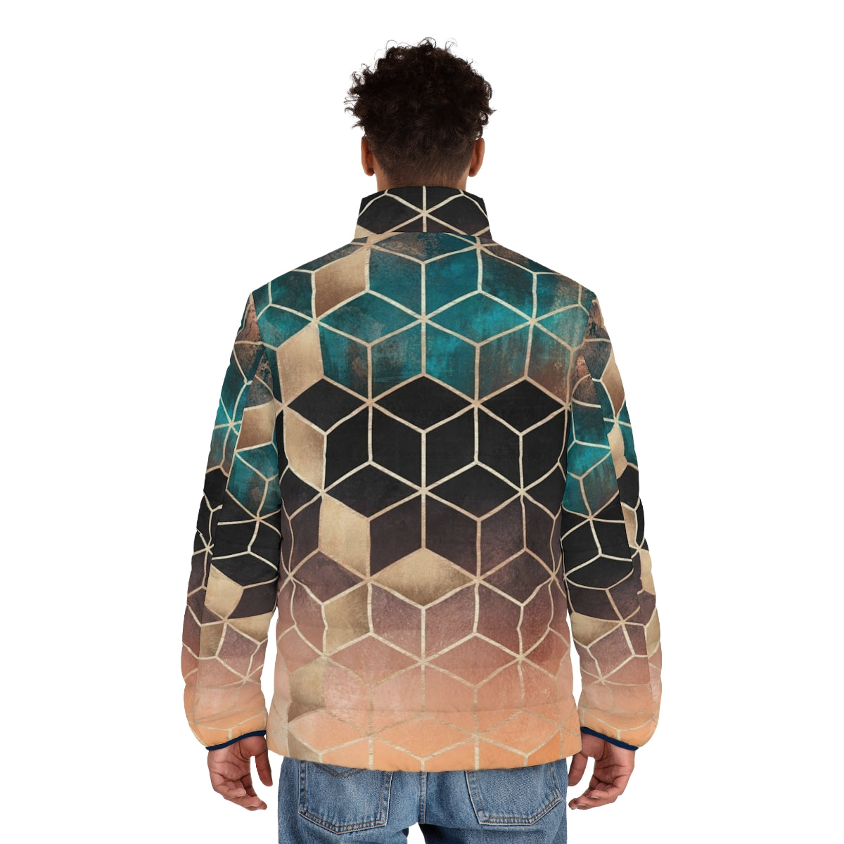 Ombre Dream Cubes Geometric Puffer Jacket with a modern, abstract cube pattern - men back