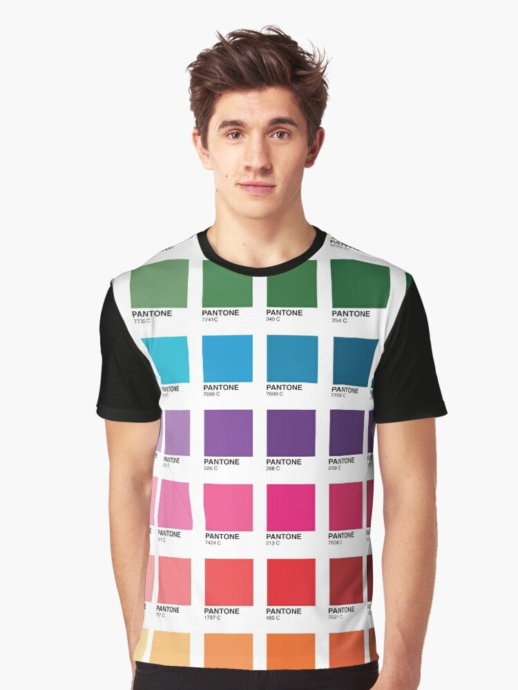 Graphic t-shirt featuring a vibrant array of Pantone color shades and swatches. - Men