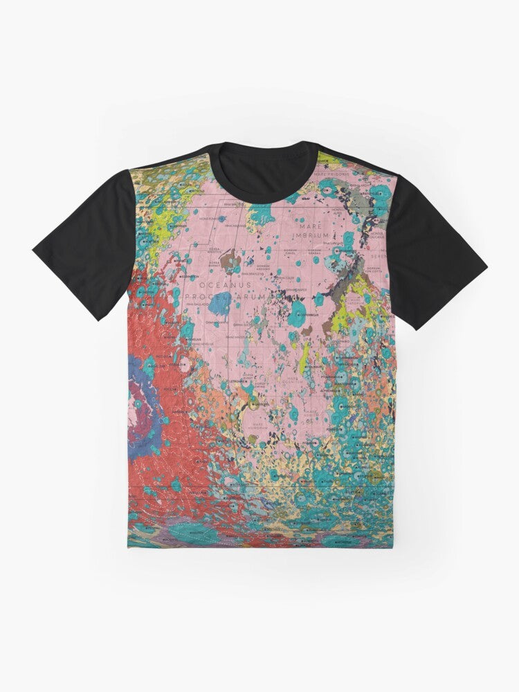 Graphic t-shirt featuring a detailed geological map of the moon, perfect for space and science enthusiasts. - Flat lay