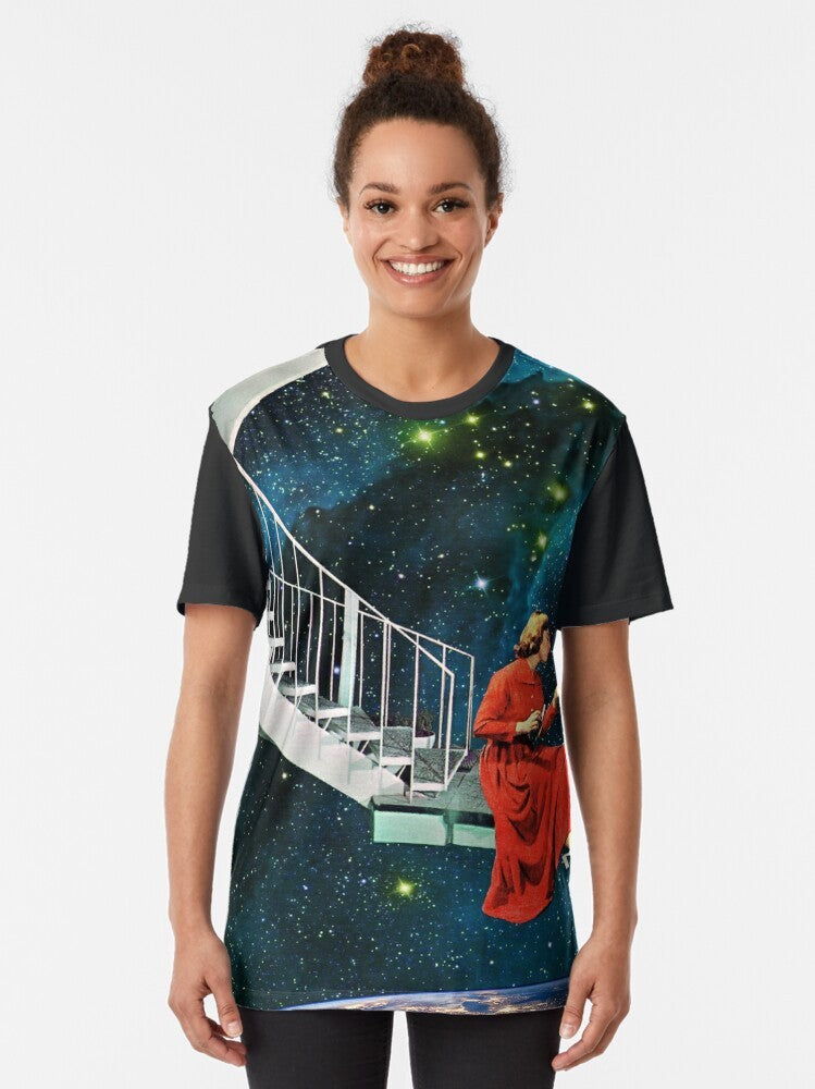 A graphic t-shirt featuring a nail-biting edge design with collage elements including the earth, stars, and manicure. - Women