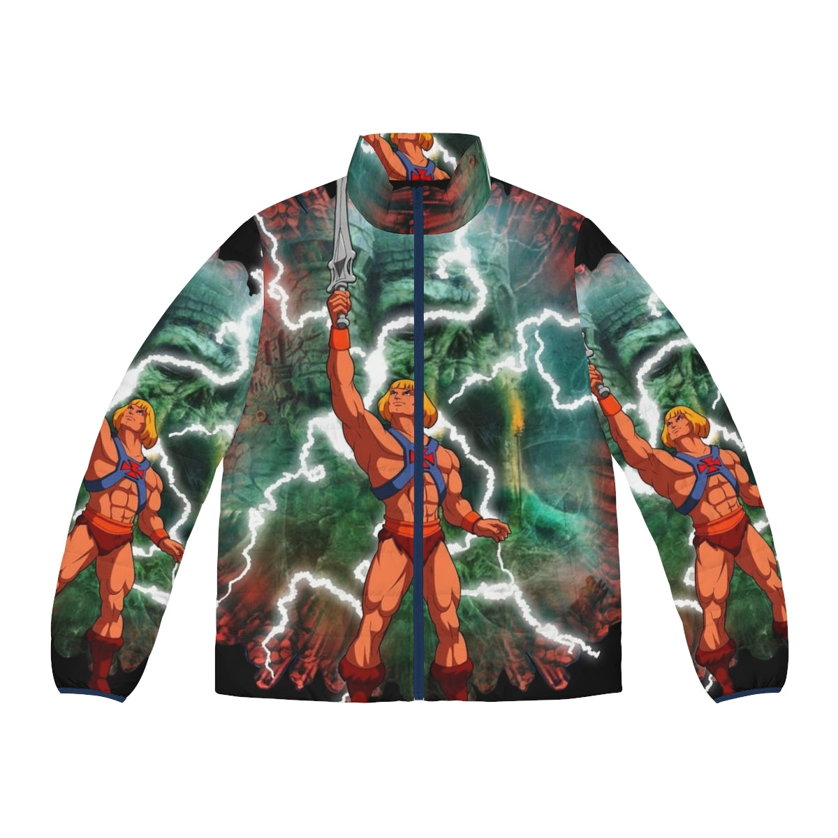 Retro art puffer jacket featuring He-Man and the Masters of the Universe characters