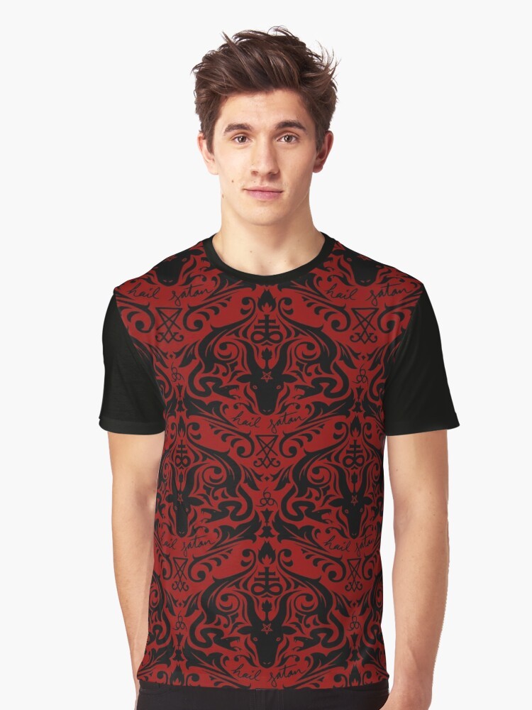 Satanic art occult damask graphic t-shirt with "Hail Satan" text and baphomet symbol - Men