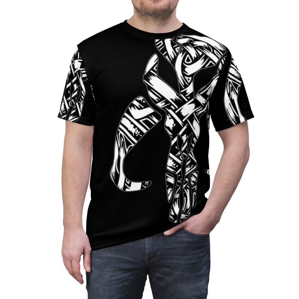 Skandilorian-inspired Mandalorian-style t-shirt featuring a mythosaur skull design - men front