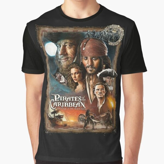 Graphic t-shirt featuring the iconic "Pirates of the Caribbean: The Curse of the Black Pearl" movie design