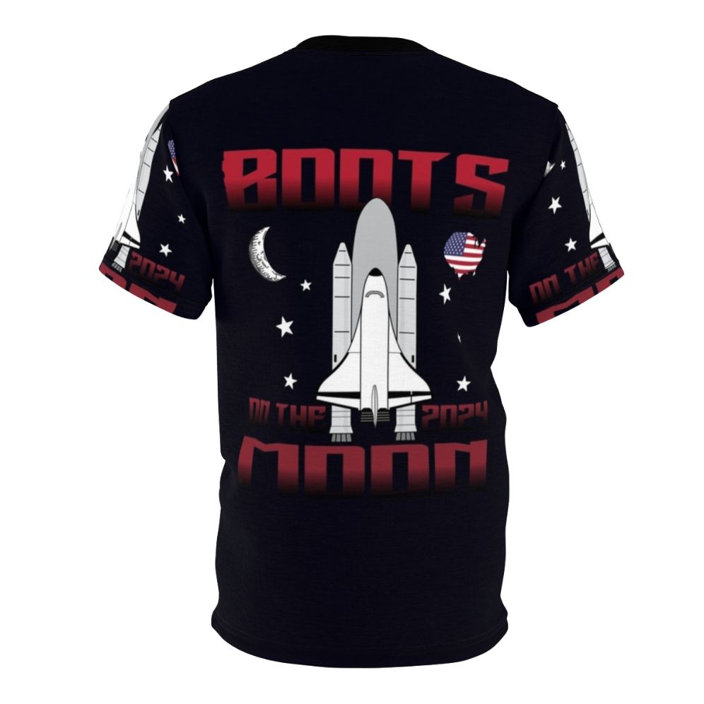 A t-shirt featuring a space-themed design with funny quotes about moon boots - Back