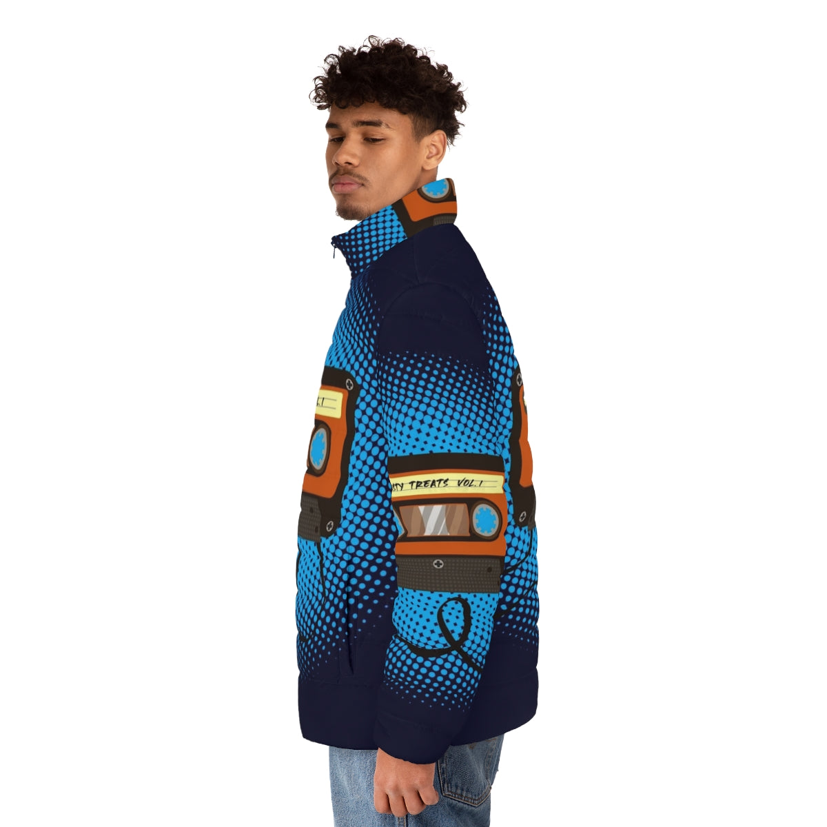 Tasty Treats Vol 1 Puffer Jacket featuring a cassette design in blue, orange, and brown colors - men side left