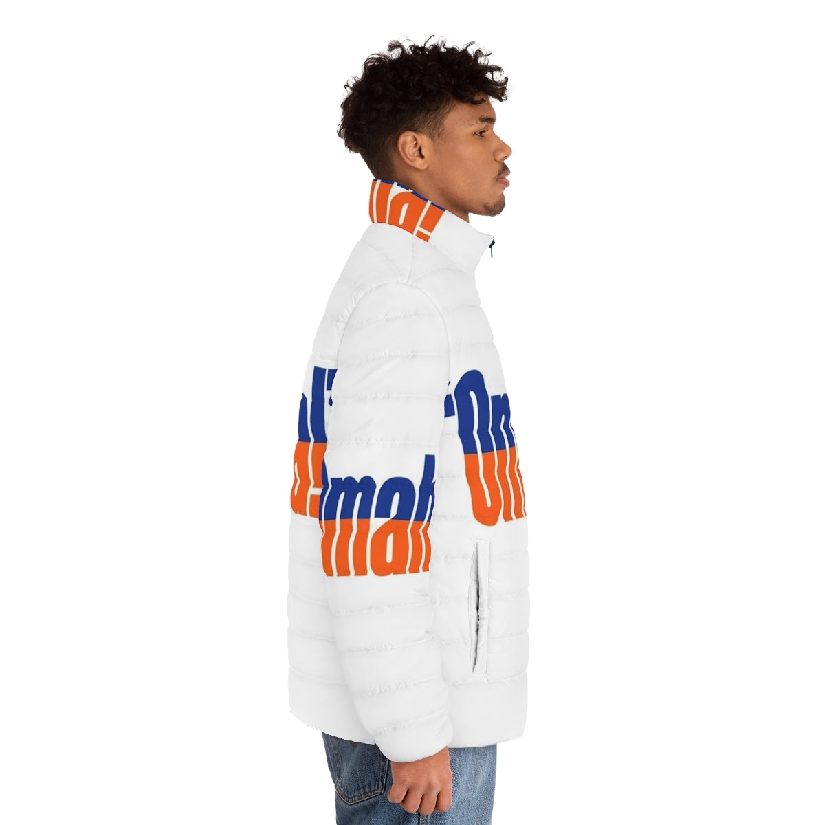 Man wearing a blue and orange puffer jacket with the Denver Broncos logo - men side right