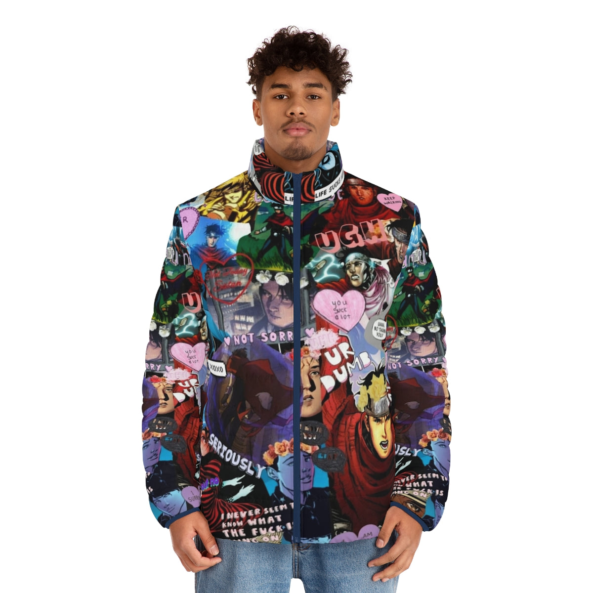 Marvel's Wiccan puffer jacket featuring a collage design for Young Avengers fans - men front