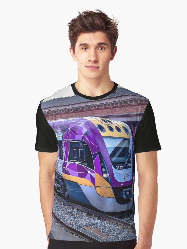 Graphic t-shirt featuring a VLine train at Castlemaine Station in Victoria, Australia - Men