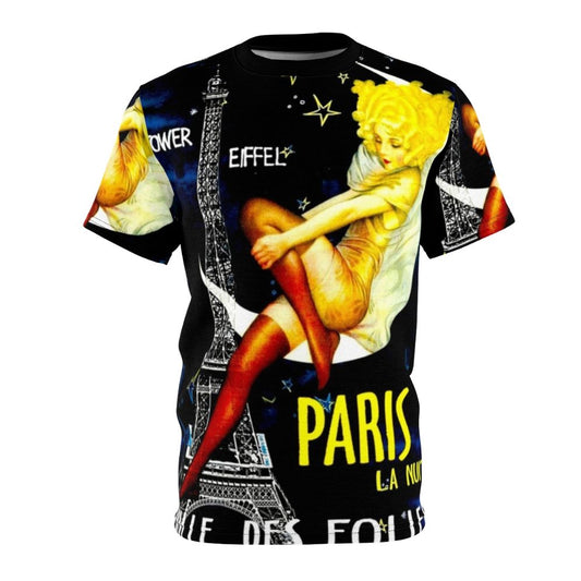 Vintage-inspired t-shirt with Paris Folies Bergere-inspired travel art print design featuring the Eiffel Tower, pinup girls, and abstract elements.