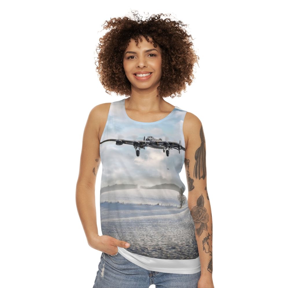 Unisex tank top featuring a Lancaster bomber in a snowy winter scene - women