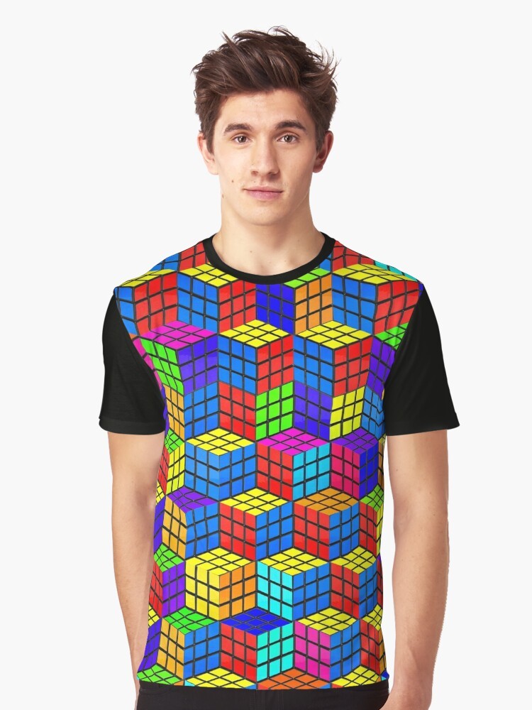 A vibrant and eye-catching graphic t-shirt featuring a Rubik's cube inspired optical illusion design with a Escher-esque, geometric, and abstract style. - Men