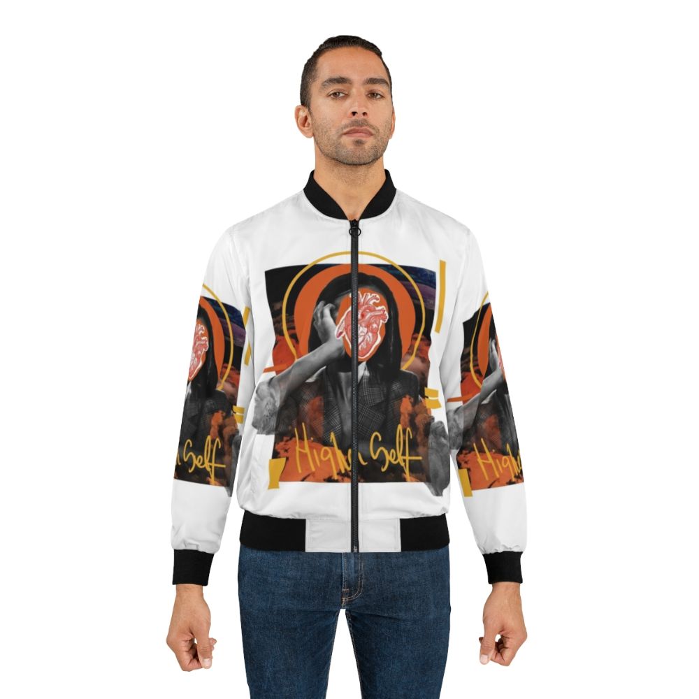 Higher Self Abstract Digital Collage Bomber Jacket featuring an orange and heart-themed design - Lifestyle