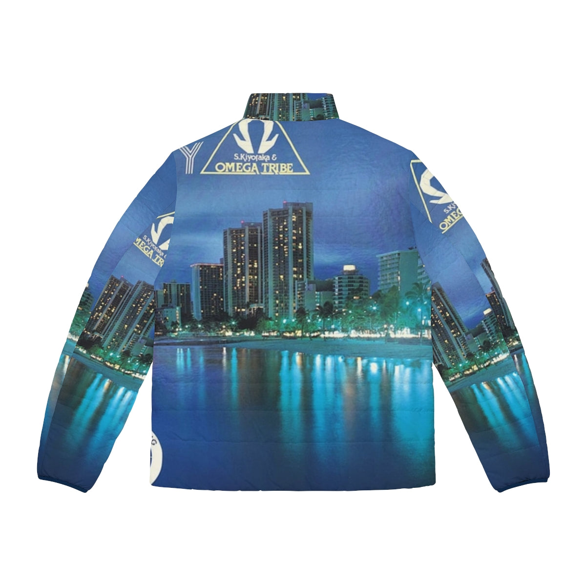 Retro 1980s puffer jacket featuring the album cover art of S Kiyotaka's Omega Tribe Aqua City 1983 - Back