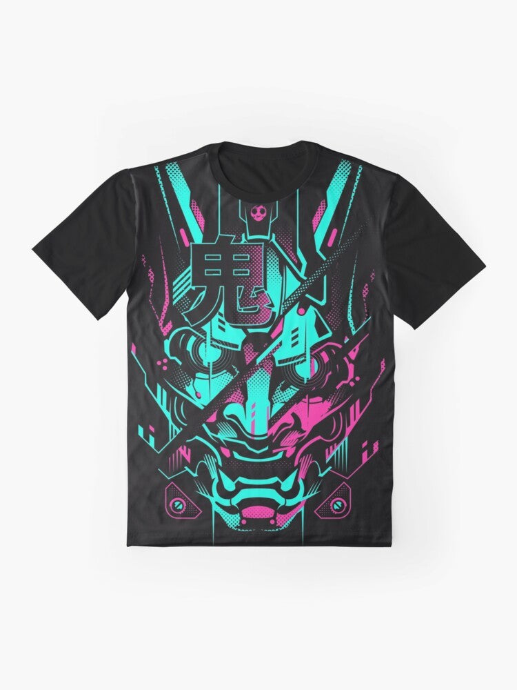 Cyberpunk Oni Glitch Graphic T-Shirt with neon design - Flat lay