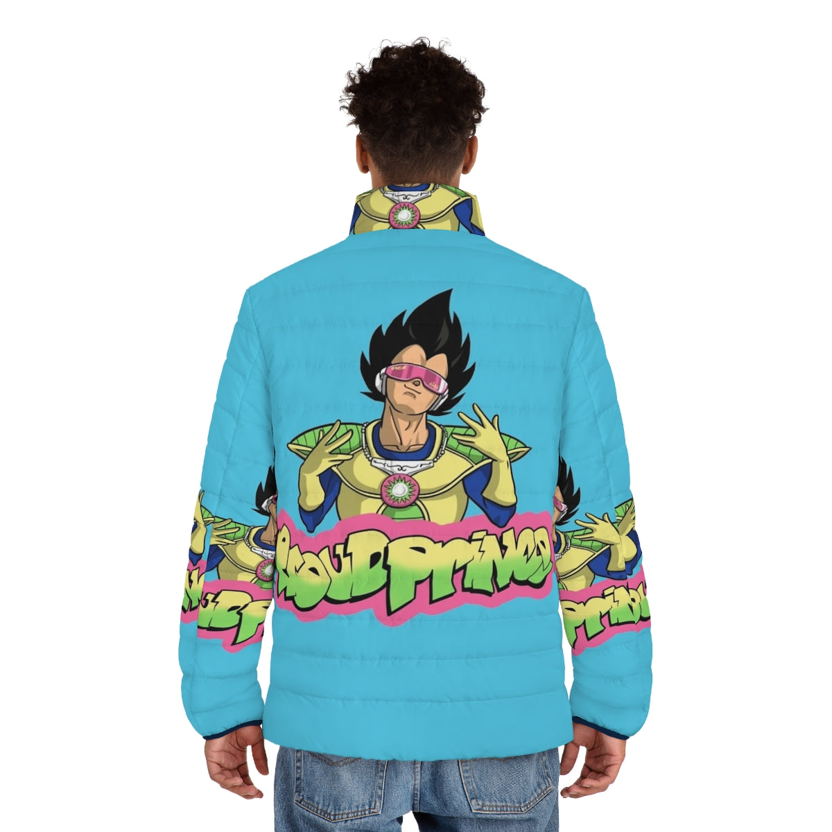 Proud Prince Puffer Jacket with Dragonball Anime Inspired Design - men back