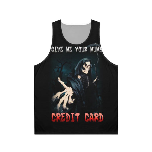 Humorous unisex tank top with credit card joke