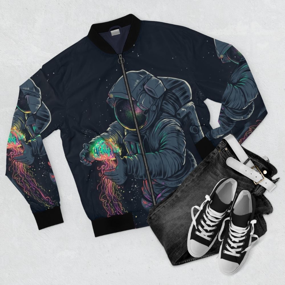 Model wearing a bomber jacket with a cosmic, intergalactic, and scifi-inspired design - Flat lay