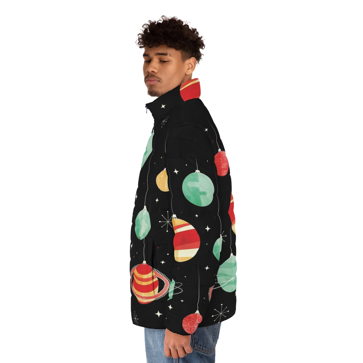 Puffer jacket with a vintage, celestial design featuring planets, stars, and the solar system - men side left