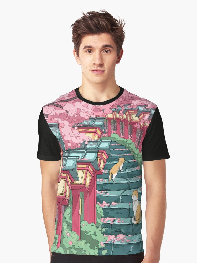 Graphic t-shirt design featuring a Japanese shrine, pink sakura blossoms, and a cute cat - Men