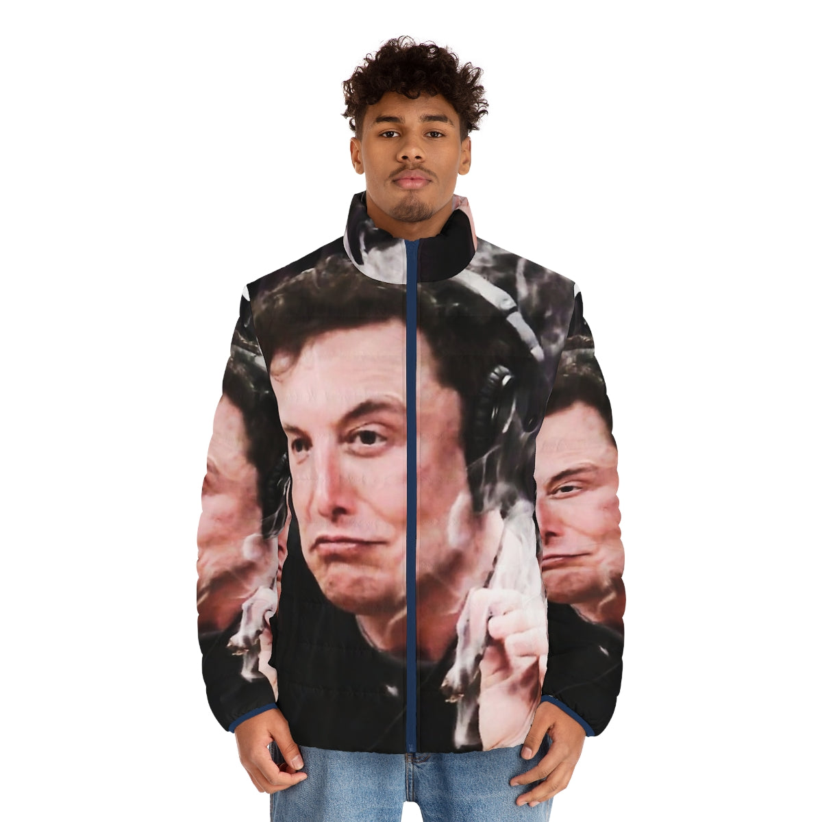 Elon Musk wearing a puffer jacket and smoking weed - men front