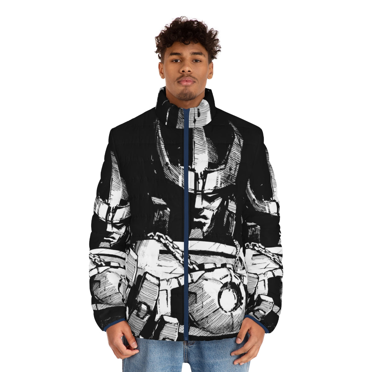 Transformers Galvatron Puffer Jacket with classic G1 Decepticon design - men front