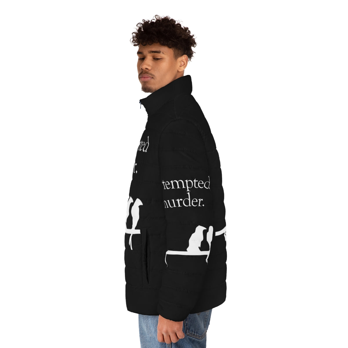 A white puffer jacket with a humorous "Attempted Murder" design featuring crows or birds. - men side left