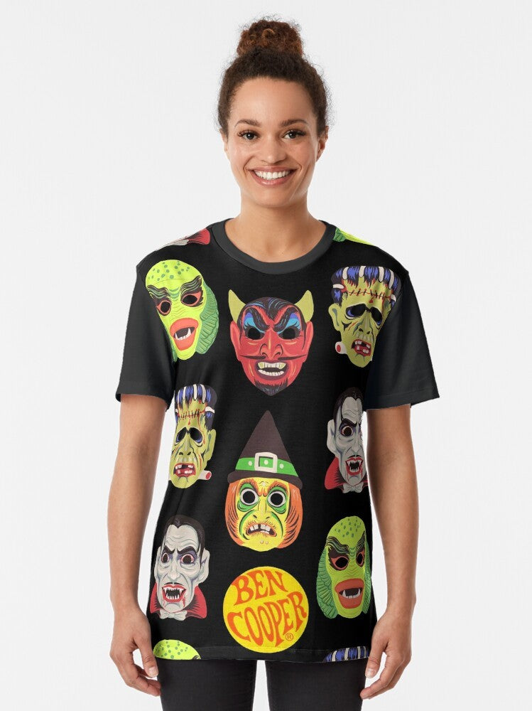 Vintage Halloween Masks Graphic T-Shirt with classic monster designs - Women