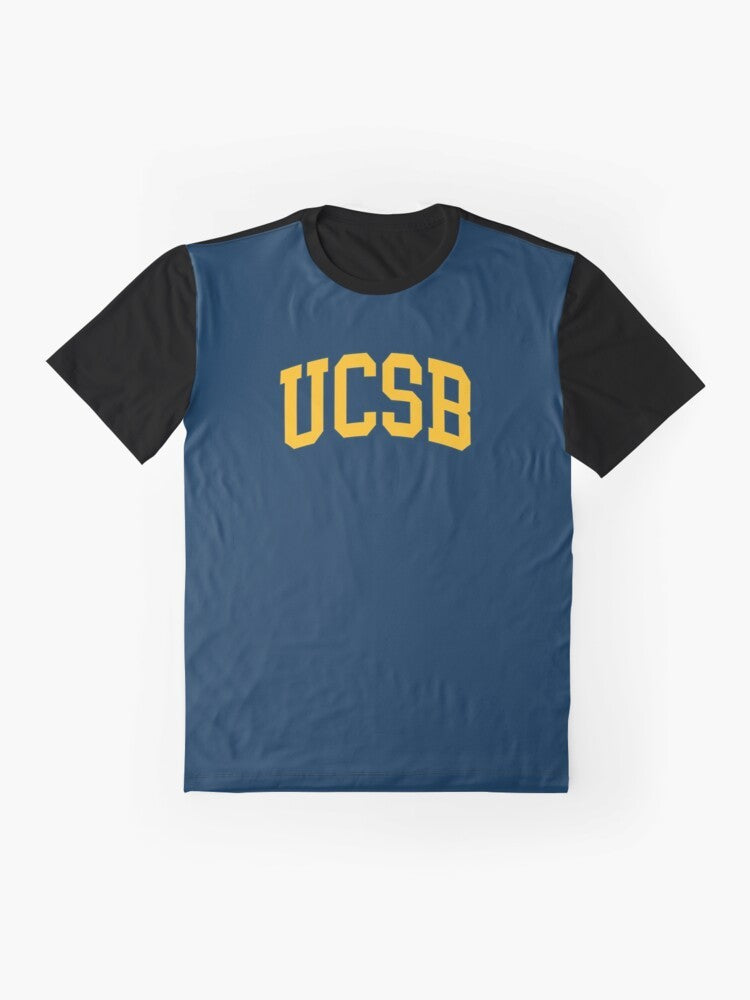 UCSB - Santa Barbara Gauchos Graphic T-Shirt with a curved font design in yellow and navy colors - Flat lay