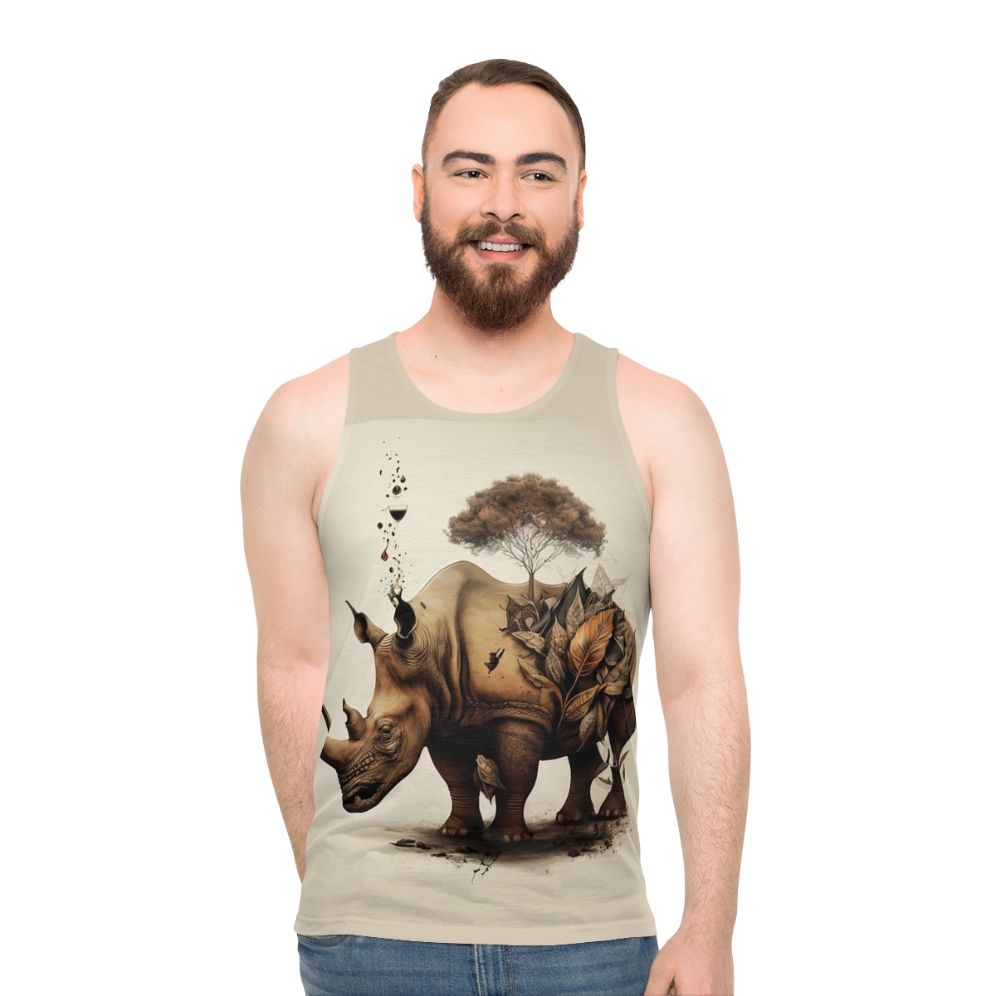 Rhinoceros with floral and botanical graphics on a unisex tank top - men