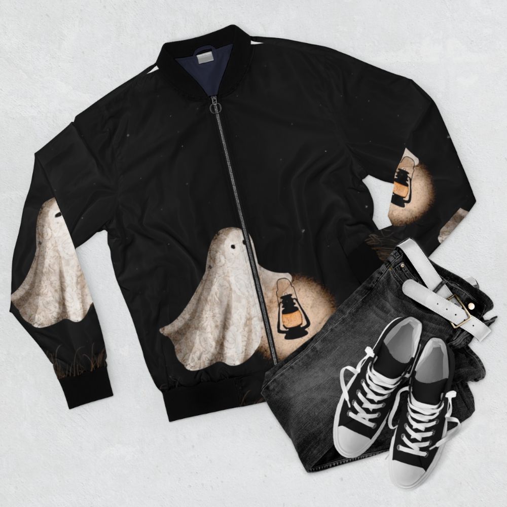 Twilight bomber jacket with ghostly, ethereal design - Flat lay