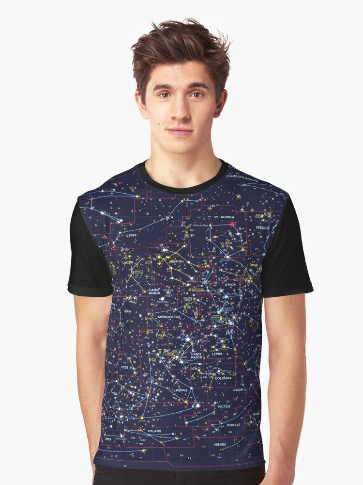 Night Constellations Graphic T-Shirt featuring stars, galaxies, and celestial elements in a visually striking design. - Men