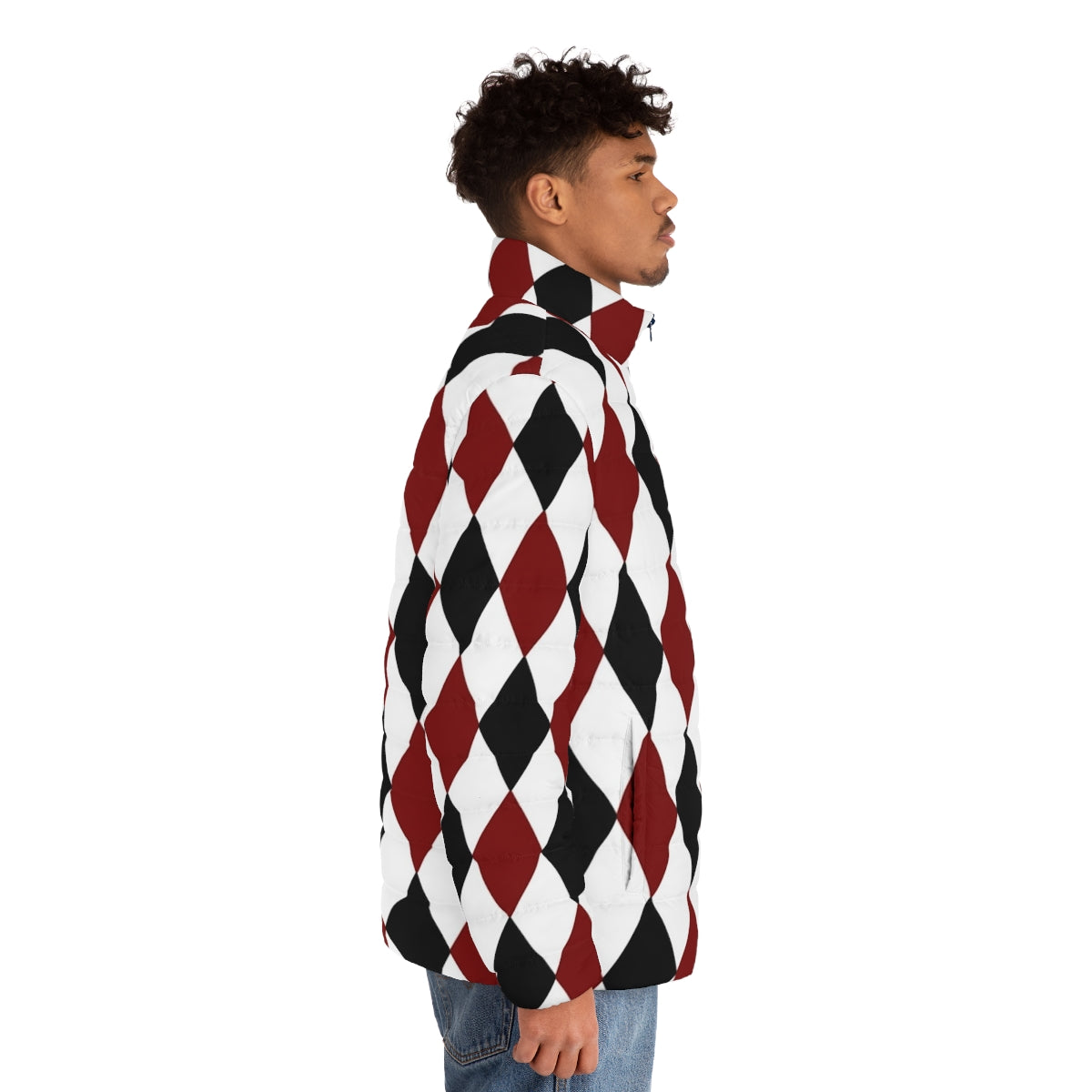 Black, white, and red harlequin puffer jacket with a classic diamond pattern design - men side right