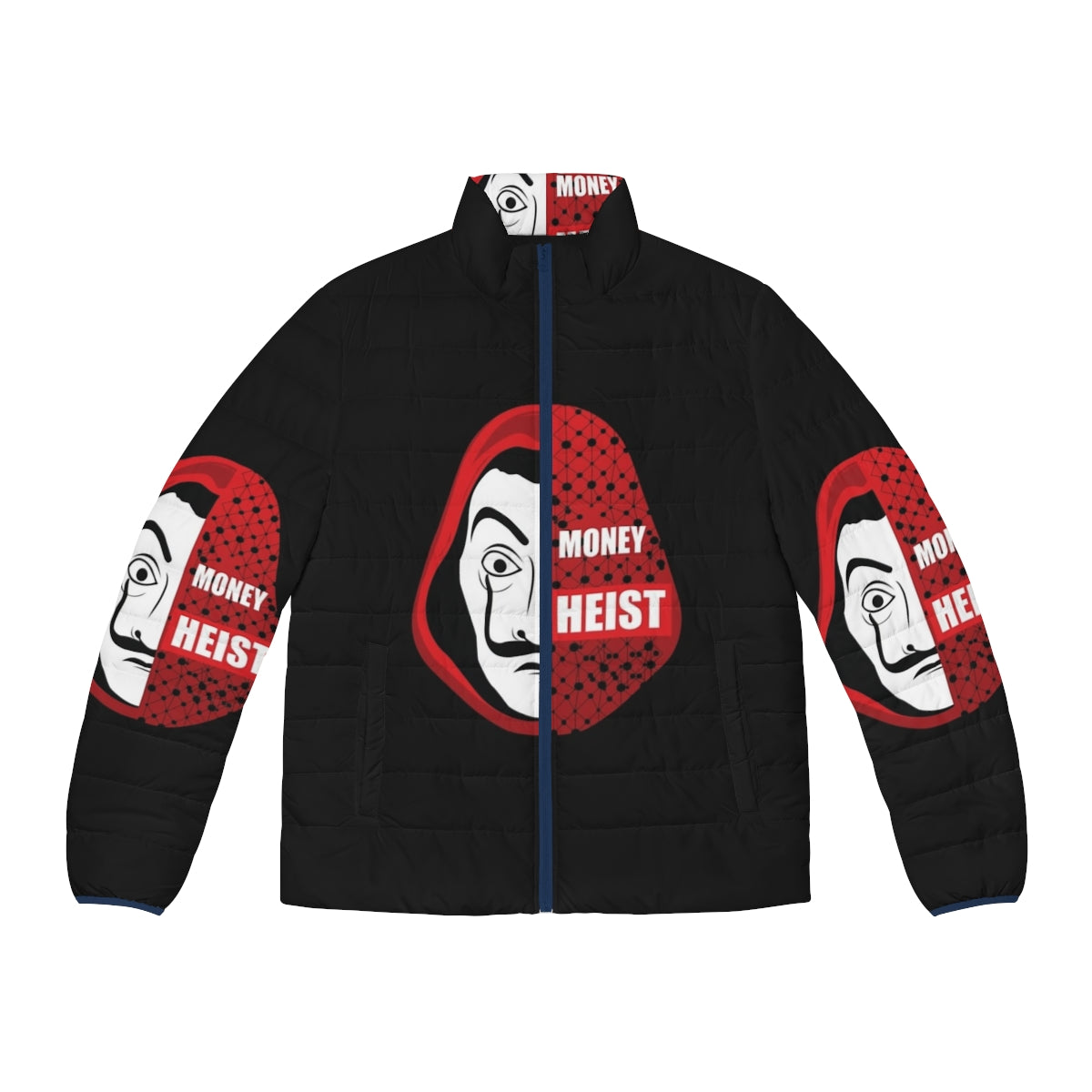 Money Heist Puffer Jacket featuring the iconic mask and vibrant colors from the hit Spanish TV show