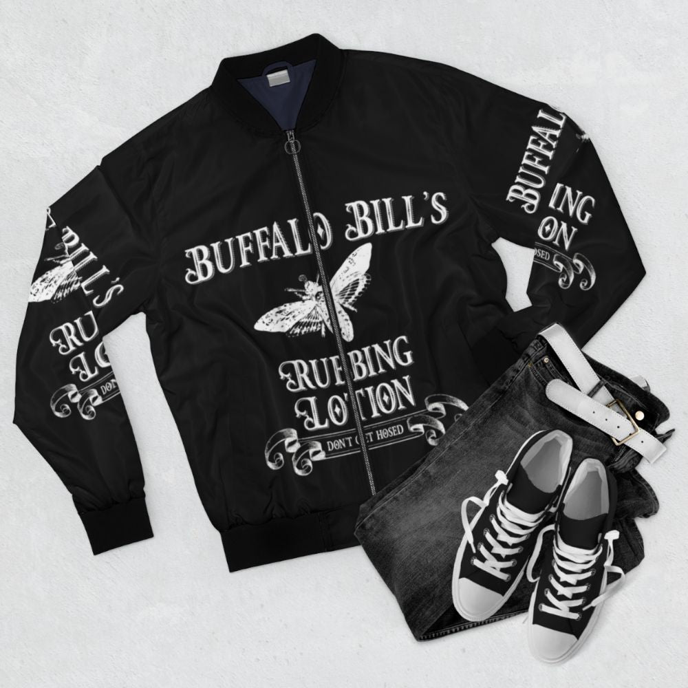 Spooky bomber jacket with Buffalo Bill "it rubs the lotion" horror design - Flat lay