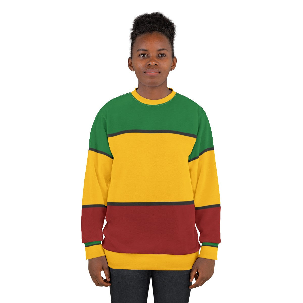 Rasta stripes sweatshirt featuring vibrant red, gold, and green colors - women