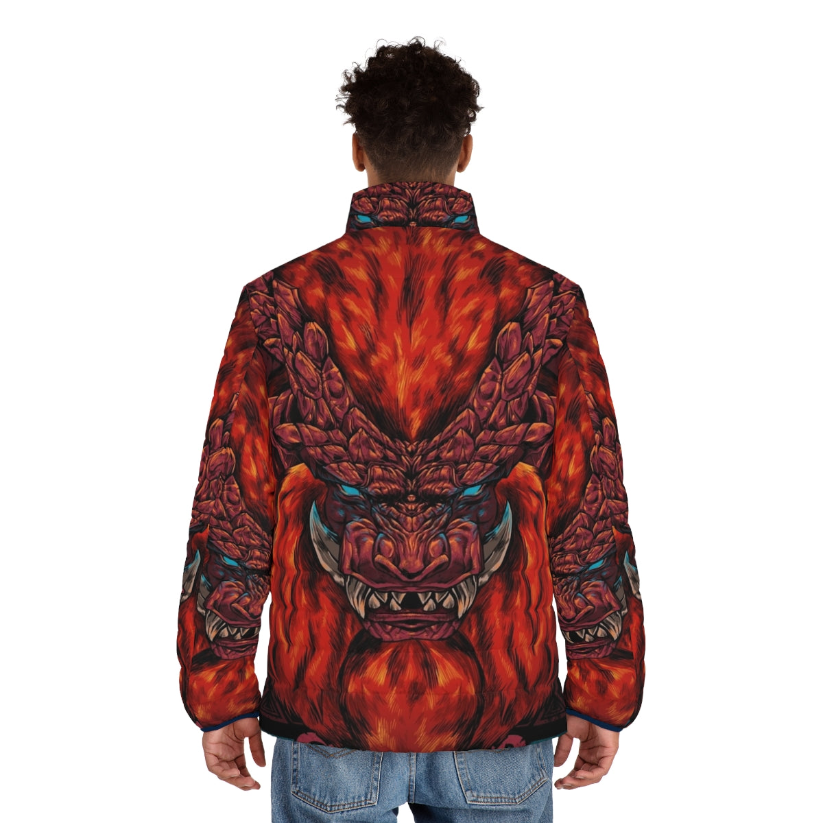 Teostra puffer jacket with gaming and monster hunting graphic design - men back