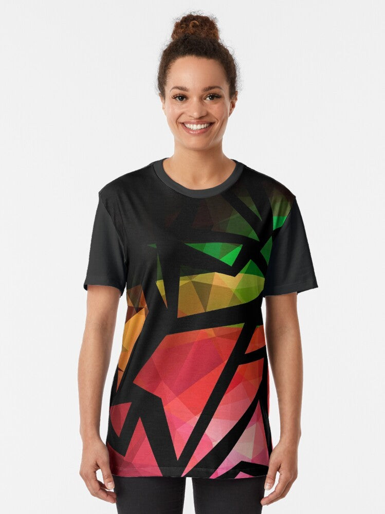 Abstract polygon print graphic t-shirt with vibrant colors - Women