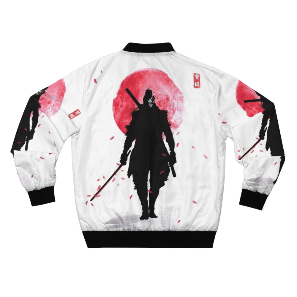 One Armed Wolf Bomber Jacket with Samurai Katana, Kanji, and Sakura Petals Design for Gamers - Back