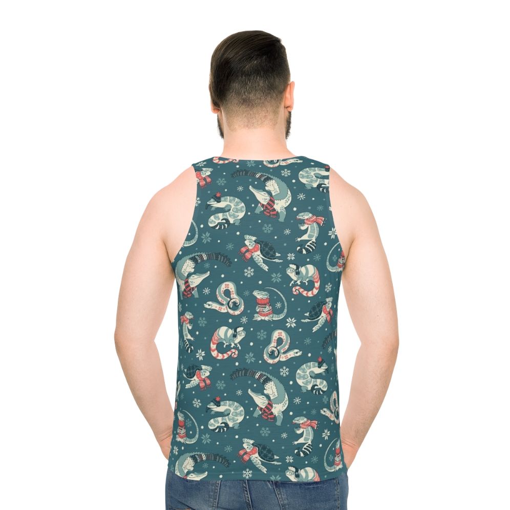 Dark blue unisex tank top with winter herp pattern - men back